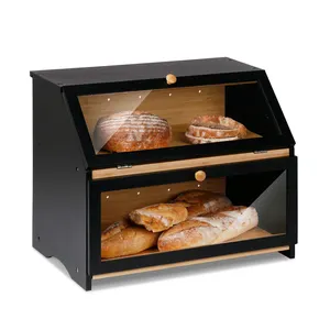 بسعر الجملة حاوية طعام بطبقة مزدوجة سعة كبيرة خشبية للخبز الأسود صندوق تخزين الخيزران الخام لطاولة المطبخ