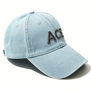 หมวกเบสบอลเดนิมฟอกสีอ่อนปักโลโก้ ACE แบบ OEM ODM สั่งทำได้ หมวกทรงวินเทจแบบไม่แข็ง ทรงแด๊ดแฮท สำหรับผู้หญิงผู้ชาย ขายส่ง พร้อมปักตัวอักษร - Product Image 5