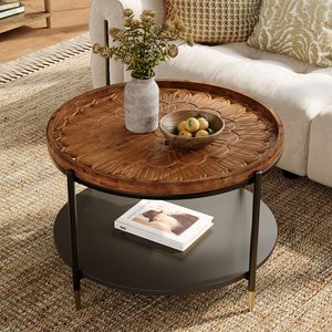 Tavolino da Caffè Rotondo in Legno Massello da 31,5 Pollici, Tavolo Centrale Boho con Struttura in Metallo e Motivo Floreale Intagliato a Mano - Product Image 1
