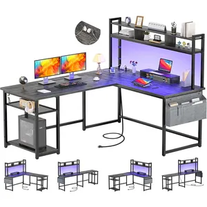 電源コンセントとLEDストリップを備えたL字型デスク収納棚とモニタースタンドを備えたコンピューターコーナーデスク