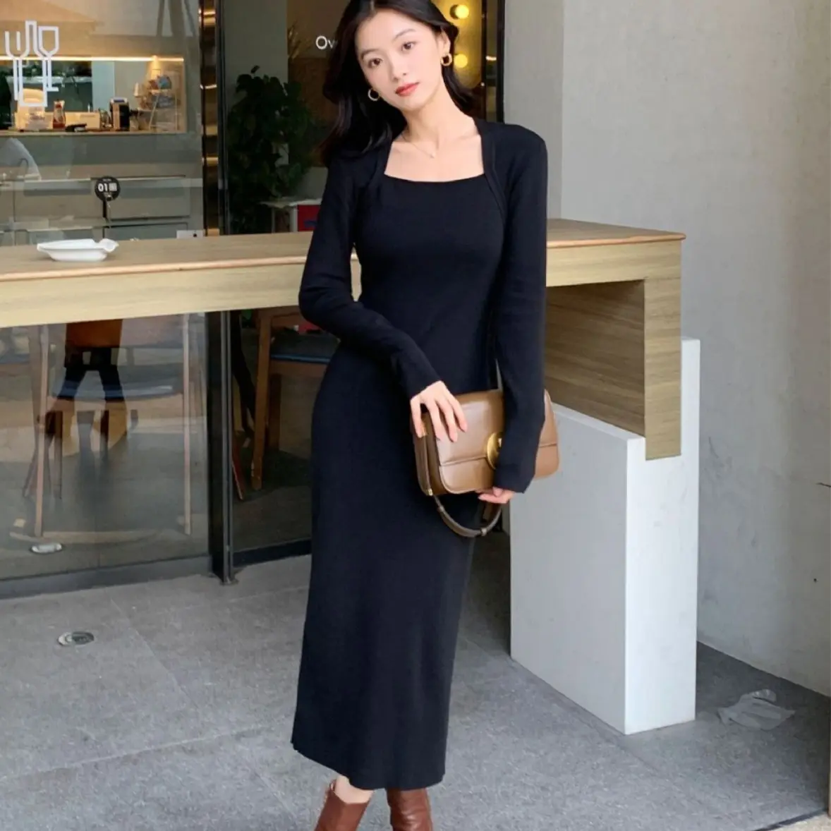 New Vintage Square Neck Elegant Knitted Dress Tall Long Sleeve Base Sweater Inner Hip Skirt