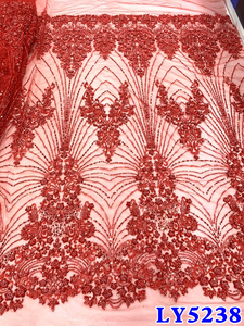 Ni. Ai sang trọng màu đỏ đính cườm Ren Vải cho váy cưới phong cách mới phi French Net ren vải với sequins thêu may - Product Image 2