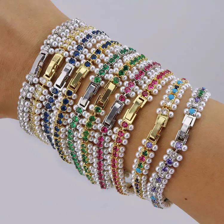 BC1456 bracciale Tennis Chic con perle e arcobaleno con zirconi cubici, bracciale con fibbia in zircone CZ delicato multicolore con perla finta
