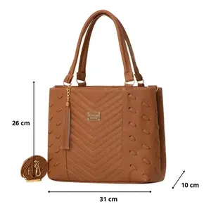 Bolso Tote de Cuero para Mujer Fana Cristina, Modelo M3879, Color Camel, con Patrón Geométrico, para Uso Diario, con Dos Asas y Cierre de Cremallera - Product Image 4