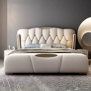 Ensemble de <span class=keywords><strong>lit</strong></span> de luxe léger en gros, mobilier de chambre à coucher haut de gamme, cadre de <span class=keywords><strong>lit</strong></span> king size design simple en cuir <span class=keywords><strong>avec</strong></span> rangement - Product Image 5