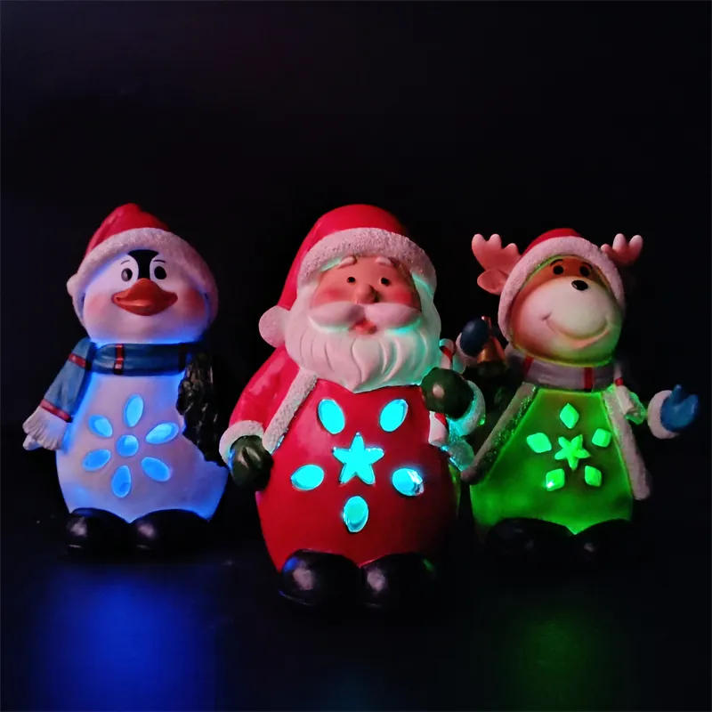 Cute Xmas Resin Figurine Lights Christmas Penguin Deer And Santa Claus