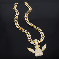Collier unisexe tendance en alliage plaqué argent/or avec pendentif en forme de sac d'argent ailé, dollar et papillon orné de cristaux, idéal pour les fêtes