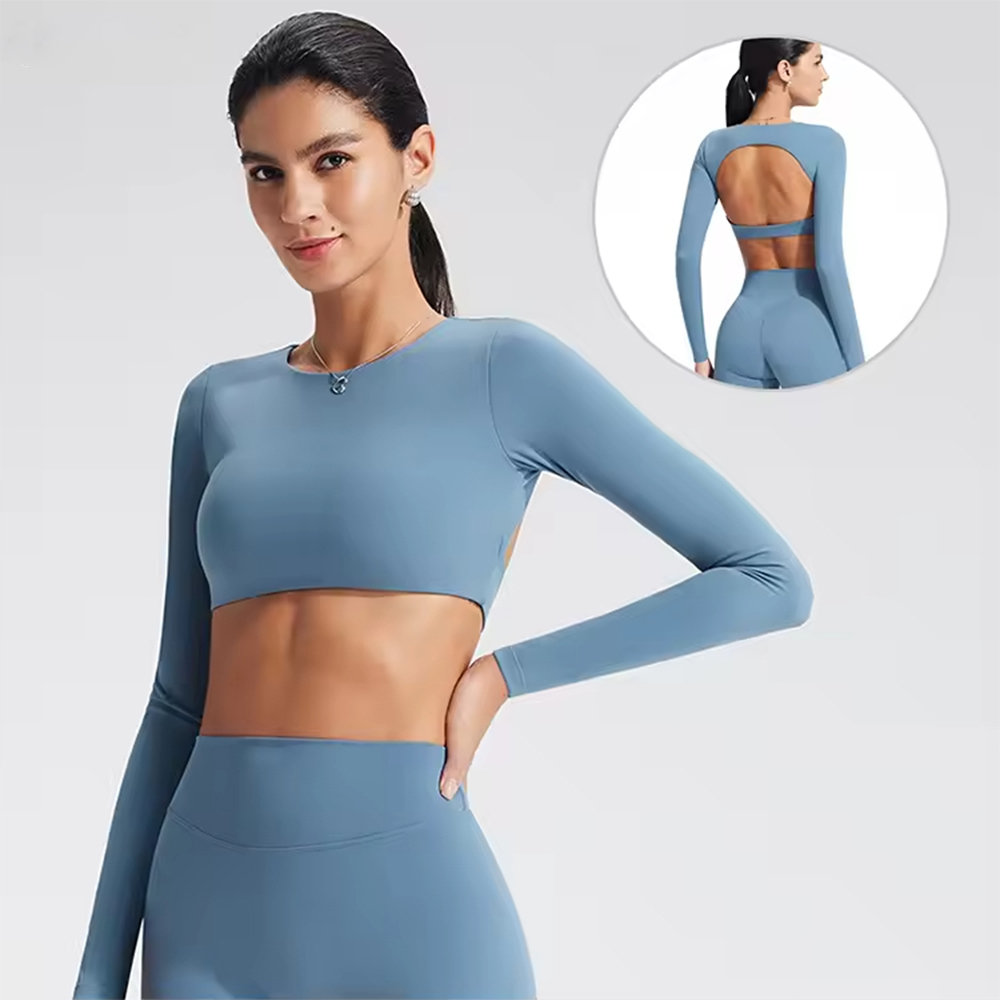 HUACHEN Women's Plus Size Backless Long Sleeve Sports Top Built-in Bra Breathable Mesh Cutout Fitness Shirt Tummy Control Yoga