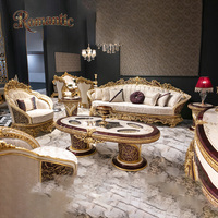 Ensemble de canapés de luxe de style rétro turc, design européen, salon, bois massif sculpté, marron doré, éponge, grand canapé, ensemble 321