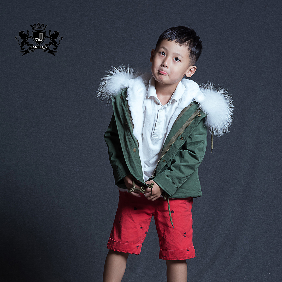 Latest Style Kids Fur Parka Denim Shell faux Fur Lined Fur Jacket Children Fashion Coat