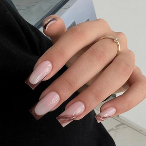 Ongles artificiels en acrylique de haute qualité, style français, réutilisables, design rose nude pour femmes, avec colle - Product Image 3