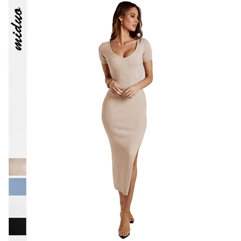 Latest Design Elegant Side Slit Bodycon 2023 Long Dresses Women Maxi Casual Ladies