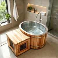 Baignoire de récupération individuelle D&C en cèdre rouge avec couvercle ovale en acier inoxydable 304 (50-59 gal) pour athlètes, personnalisable pour jardin extérieur