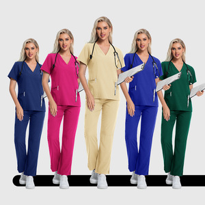 Women's Scrub Uniform Set Short Sleeve V Neck Medical Workwear For Nurses Doctors Veterinarians Operating Room Staff Beige Navy - Product Image 3