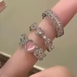 Vintage Zircon Heart Bow Open Rings Women Fashion Gothic Korean Wedding Engagement Rings Jewelry For Party