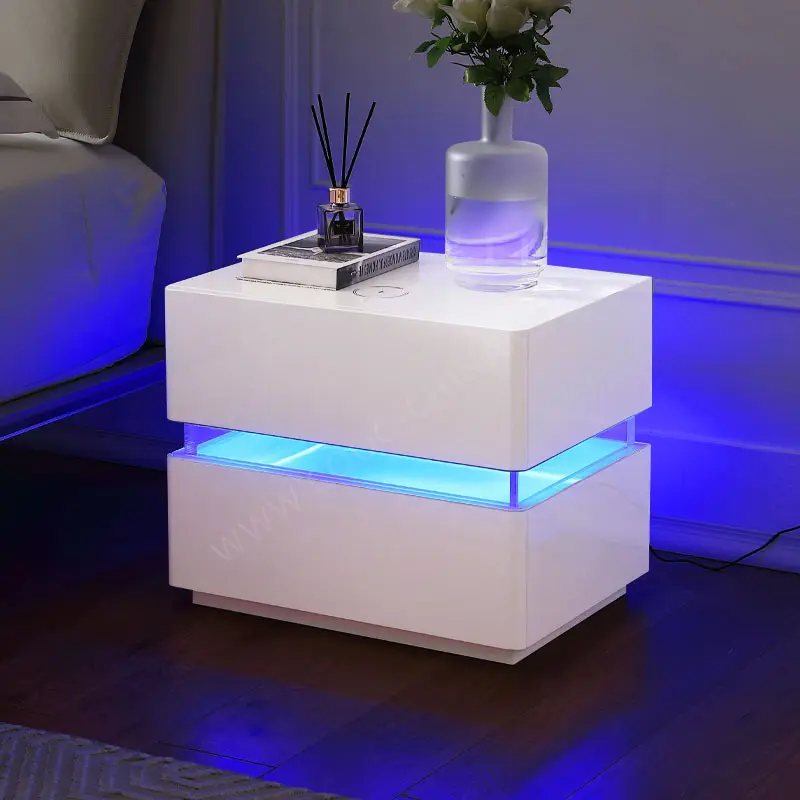 Modern White Led Night Stand with Wireless Charger Bed Side Smart Nightstand Bedside Table for Bedroom