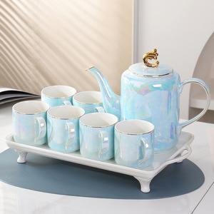 Hand-painted ceramic tea <b>set</b> with aquamarine patterns, gold-rimmed <b>teapot</b> and tea tray, housewarming gift <b>set</b> - Product Image 4
