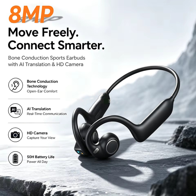 AI Smart Translation Sports 800W HP Bluetooth Wifi Camera Earphones for Running, Cycling Fitness Video Photo Recording