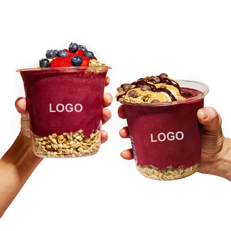 Tazón de plástico con logotipo personalizado impreso, ensalada redonda de nueces, batido de Acai, tazas de frutas y verduras, contenedores para llevar Deli