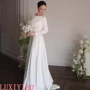 ชุดแต่งงานสีขาวทรงเอไลน์แบบเรียบง่าย คอทรงโอ แขนยาว ชุดเจ้าสาวปี 2025 สไตล์โบโฮ ชุดราตรีงานแต่งงานริมชายหาด สามารถสั่งตัดได้ - Product Image 3