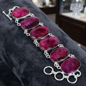 Bracelet ethnique en alliage plaqué argent avec pierres précieuses simulées (rubis du Cachemire) et perles d'eau douce, 7-8 - Product Image 3
