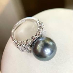 S925 Silver Wide Edition Ring with 13-14MM Natural Tahitian Pearl Round Strong Light with Minimal Flaws - Product Image 2