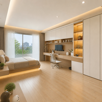 Ensemble de bureau encastré en bois minimaliste italien, console multimédia modulaire de luxe sur mesure, table avec 4 tiroirs et armoire de rangement suspendue