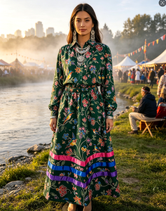 Falda Maxi de Mujer con Estampado Floral de Colibrí Estilo Vintage Canadiense, con Cintas de Colores y Volantes, Cintura Elástica, Venta al por Mayor, Ropa Casual Boho - Product Image 5