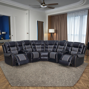 Sofá esquinero reclinable en forma de L, tapizado en cuero sintético, con dos consolas de almacenamiento, precio de fábrica económico, para sala de estar de hotel o villa. - Product Image 4