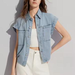 Veste en jean pour femme à logo personnalisé, 100% coton, délavée à l'acide, à manches courtes, simple boutonnage, de haute qualité - Product Image 5