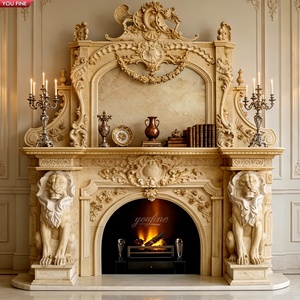 Cornice per Caminetto a Doppio Strato in Pietra Crema Intagliata a Mano YOUFINE con Ghirlande Floreali e Leone per Villa - Product Image 4