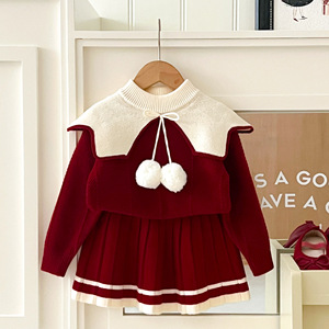 Ensemble deux pièces en tricot pour filles, style universitaire vintage, automne-<span class=keywords><strong>hiver</strong></span>, pull à grand col à pompons et jupe plissée - Product Image 6