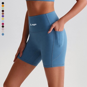 YIYI pantalones cortos de motorista de verano para mujer con bolsillos de cintura alta entrenamiento Spandex Control de barriga gimnasio correr elástico salón Yoga pantalones cortos - Product Image 1