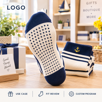Chaussettes fantaisie brodées à motif rayé bleu marine et crème, vente en gros, artwork tricoté, OEM, marque privée, échantillonnage en vrac, emballage