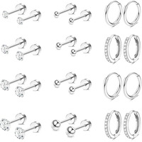 Ensemble de boucles d'oreilles tendance en acier inoxydable, hypoallergéniques, plaquées or et argent, avec zircon, à dos plat, pour cartilage