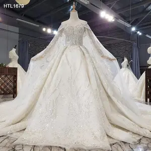 Jancember HTL1679 Islamic Off Shoulder V-neck Bridal Gowns Wedding Dresses For Women