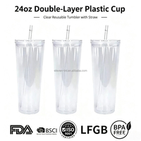 24oz Çift Cidarlı Plastik Bardak Pipetli Şeffaf Yeniden Kullanılabilir BPA İçermeyen Soğuk İçecekler İçin Toptan Satış