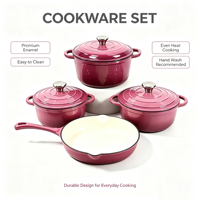 Ensemble de 4 ustensiles de cuisine en fonte : cocotte et poêle à frire, avec double poignée, compatible gaz et induction, pour la cuisson domestique
