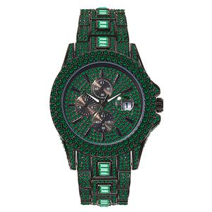 Reloj de Pulsera Hip Hop de Lujo con Incrustaciones de Cristales, Cronógrafo, Esfera Verde, Correa de Cristal, Ventana de Calendario, para Hombre - Product Image 1