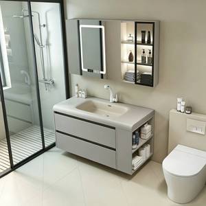 Armoire de salle de bain murale intelligente suspendue en bois massif, minimaliste et moderne, personnalisable - Product Image 5