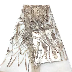 Bordado plano pluma blanca marfil encaje y lentejuelas ajuste con cuentas de perlas lentejuelas liliaca telas de encaje gris tela de encaje con lentejuelas - Product Image 1
