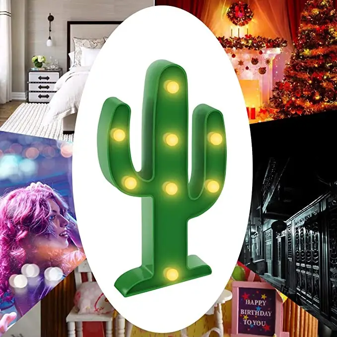 Novelty Place Cactus Marquee Sign Lights Warm White LED Lamp Tropical Green - Living Room Bedroom Table Wall Christmas Decor