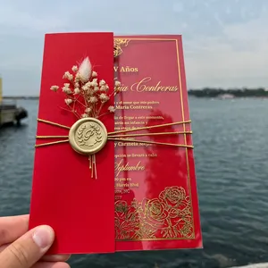 Party Supplier Red Floral Luxury Velvet Envelopes Wedding Invitation Card de mariage quinceanera With Wax Seal