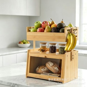 Double Layer Bamboo Fruit <b>Storage</b> <b>Box</b> With Banana Rack Dustproof Bread <b>Bin</b> For Kitchen Countertop - Product Image 1