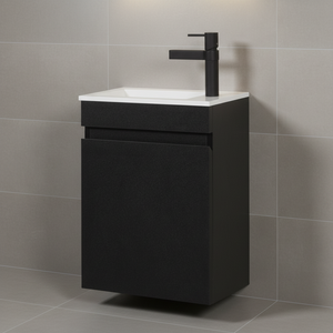 Meuble-lavabo mural moderne noir mat 400 mm résistant à l'eau avec LED pour petite <span class=keywords><strong>salle</strong></span> <span class=keywords><strong>de</strong></span> <span class=keywords><strong>bain</strong></span>, mini-meuble sous-vasque pour appartement - Product Image 1