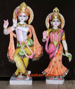 Hermosa Estatua Religiosa de Mármol Blanco de Makrana, Colorida, de Dios y Diosa Radha Krishna, para Fines de Adoración - Product Image 4