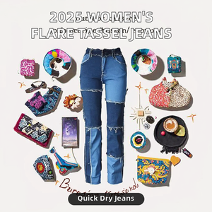 Vaqueros de mujer de nueva moda 2026 de verano, estilo flare con borlas, ajustados, de cintura alta, talla grande, rectos, con diseño hueco y técnica de lavado, al por mayor. - Product Image 3