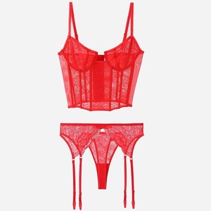 Ensemble de lingerie corset en dentelle rouge transparente pour femme, avec soutien-gorge à armatures, jarretières et 3 pièces boutonnées, respirant, confortable et sexy - Product Image 6