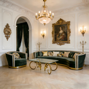 โซฟาโค้งสามที่นั่งสไตล์โมเดิร์นหรูหรา หุ้มกำมะหยี่ บุด้วยฟองน้ำ ขาโลหะ ที่วางแขนโค้ง สำหรับบ้าน อพาร์ตเมนต์ โรงแรม - Product Image 3