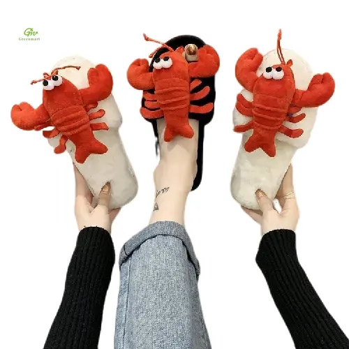 Greenmart sandal berbulu kartun Crayfish, mainan kustom mewah tanpa kepala wanita Minimum tanpa hak hangat barang sepatu katun